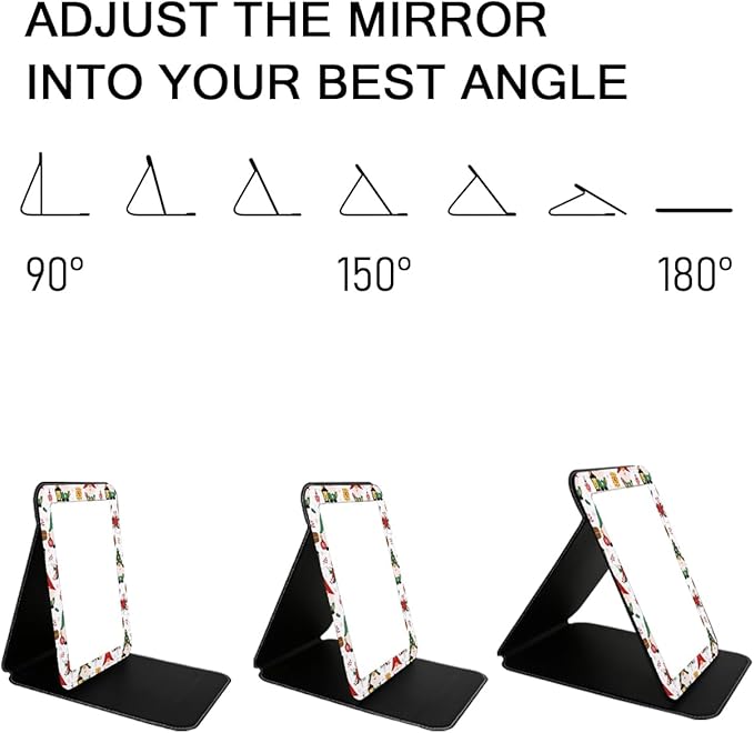 Folding Travel Mirror with Stand, 8.9"x 6.5" PU Leather Compact Desk Mirror, Adjustable 90°-180° Angle, Ultrathin Portable Hand Mirror for Travel, Camping, Office, Home (Santa Claus Design)