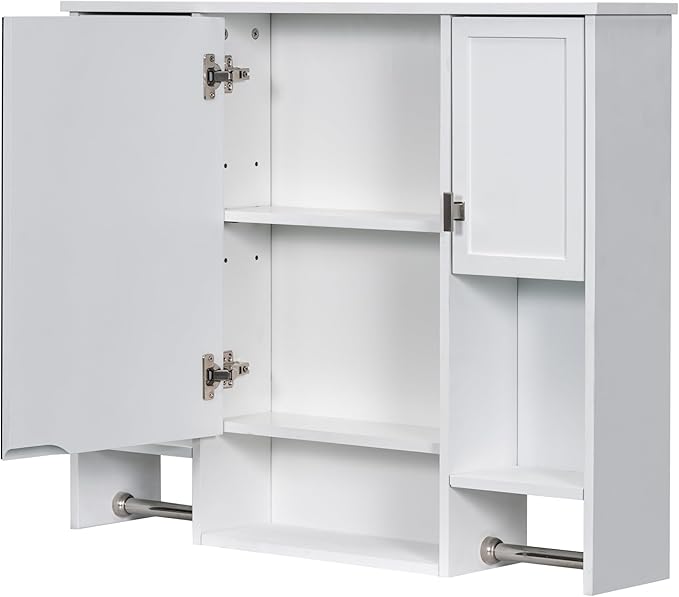 Merax Medicine Cabinet with Mirror, Wall Mount Bathroom Cabinet 35" x 28" Over Toilet Storage Cabinet Organizer with Doors, Open Shelves, and Towel Bars, Mirrored Bathroom Wall Cabinet