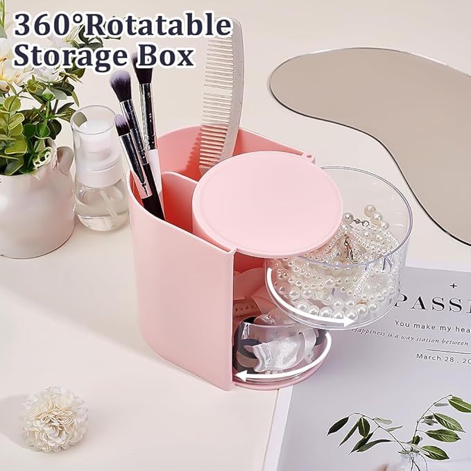 2-Layers Plastic Makeup Puff Storage Box Rotating Cosmetic Storage Organizer Clear Hair Accessories Organizer Hair Brushes Holder Jewelry Box for Necklace Earring Desktop Case Pink