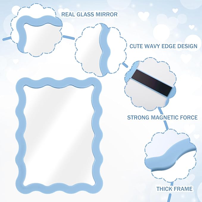 Leinuosen 2 Pcs Scalloped Magnetic Locker Mirror Small Real Glass Makeup Mirror with Magnetic Backing Cute Locker Decorations for Office Cabinet Lockers Accessories (5 x 7 Inch,Blue,White)