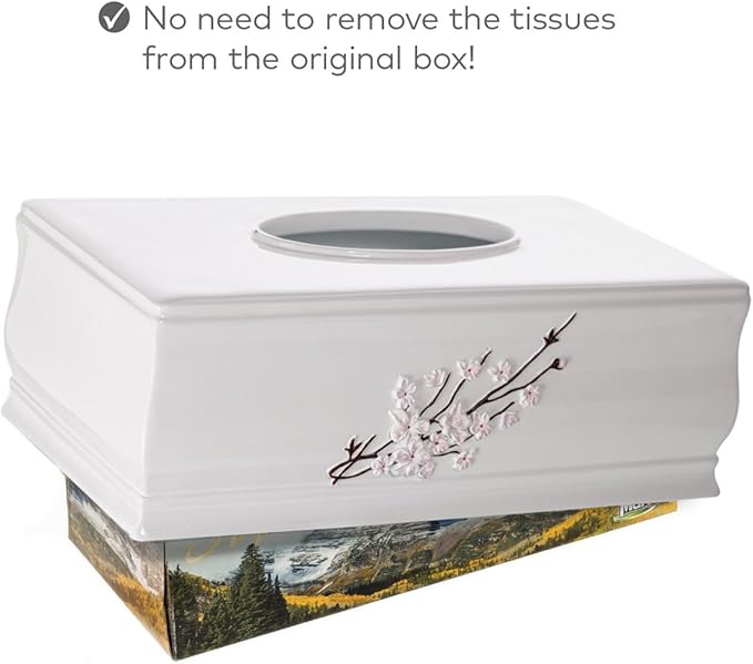 Creative Scents Vanda Rectangle Tissue Box Cover - Decorative Cherry Blossom Tissue Holder for Bathroom - White Tissue Box Holder Rectangular with Durable Bottom Slider - White Bathroom Accessories