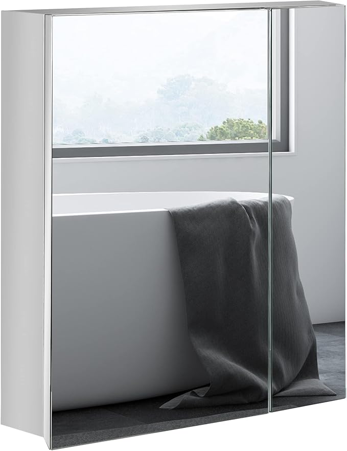 kleankin Wall-Mounted Medicine Cabinet with Mirror, Bathroom Mirror Cabinet Wall Mounted with Hinged Door, Storage Shelves for Living Room and Laundry Room, 21" x 24", Silver