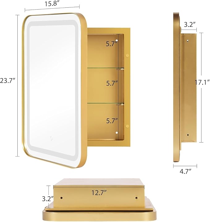 SogesHome Wall Mounted Mirror Medicine Cabinet 24"X16" with LED Lights, Rectangular Vanity Mirror Storage with Shelves, Modern Recessed Mirror Medicine Cabinet for Bathroom, Bedroom, Gold