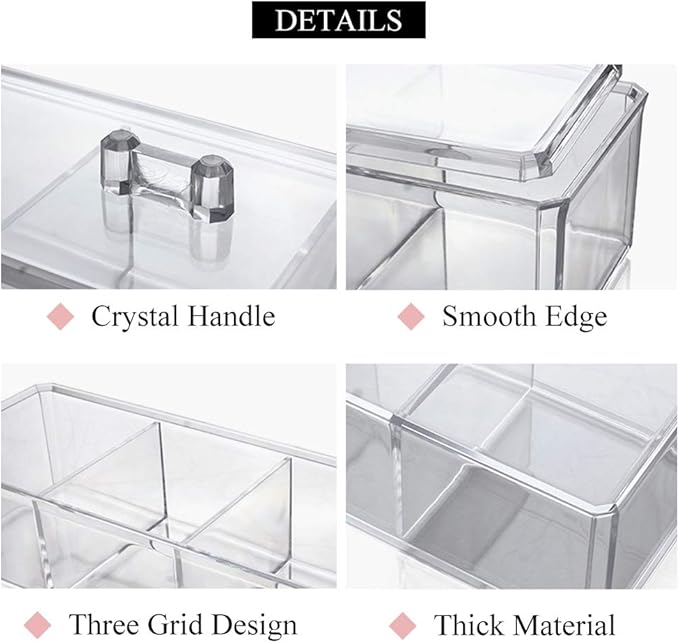 Cotton Ball and Swab Holder Organizer with Lid, Dustproof, Waterproof, Clear Acrylic 3 Compartment Cotton Pad Container for Cosmetics