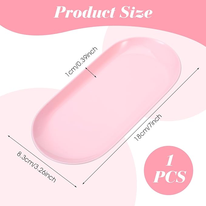 SynHHergyx Pink Nail Tray Oval Plastic Nail Art Dish Manicure Tool Tray Display Jewelry Organizer Trays for Nails Tools, Jewelry Storage, Bathroom Vanity, Countertop Decor, Small Decorative Plate