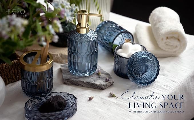 EMPO 6PCS Bathroom Clear Glass Accessories Set (Lotion Soap Dispenser, Soap Dish, Toothbrush Holder, Tumbler, Cotton Swab Jar), Contemporary Modern Decor Crystal Vintage Gift (6pcs Blue)