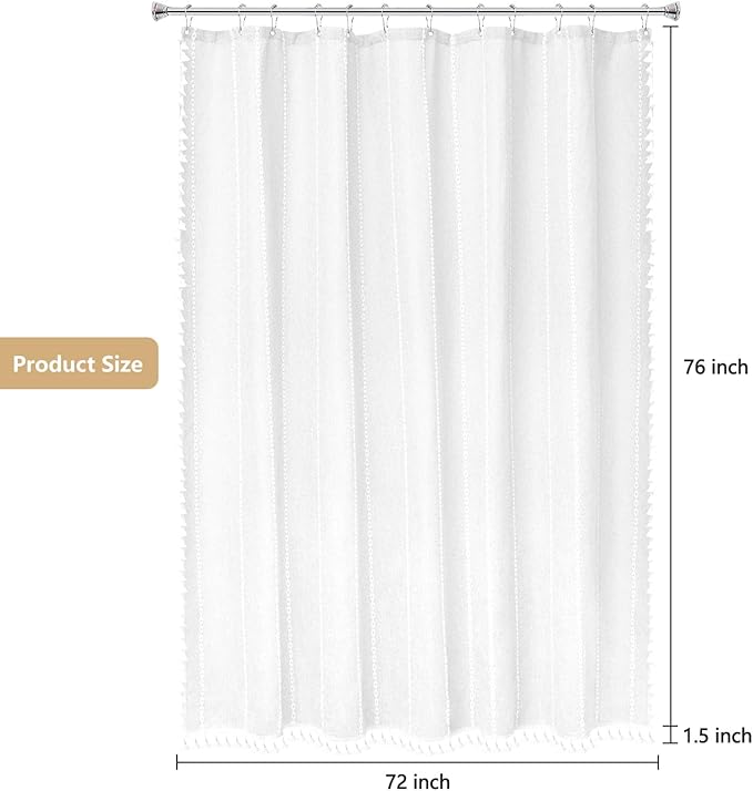 72 x 76 inch Extra Long Boho Farmhouse Shower Curtain Heavyweight with Tassels, Soft Linen Textured Fabric Shower Curtain French Country, Elegant White Striped Bathroom Curtain Water Repellent