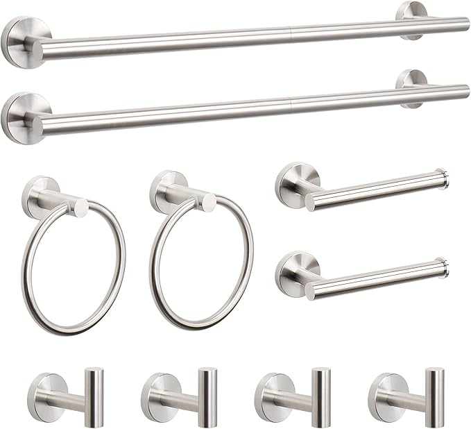 NearMoon 10 Pieces Bathroom Hardware Set SUS304 Thicken Stainless Steel-Towel Rack Kit Include 24" Towel Rod + Bath Towel Ring + Toilet Paper Holder + Robe Towel Hooks Bath Accessories (Nickel)