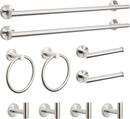 NearMoon 10 Pieces Bathroom Hardware Set SUS304 Thicken Stainless Steel-Towel Rack Kit Include 24" Towel Rod + Bath Towel Ring + Toilet Paper Holder + Robe Towel Hooks Bath Accessories (Nickel)