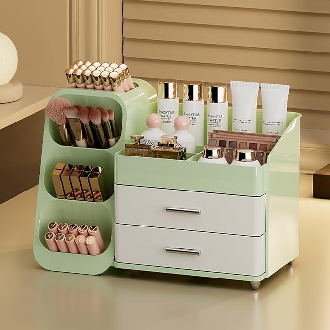 Makeup Organizer for Vanity, Large Capacity Cosmetic Display Case with Drawers, Countertop Beauty Storage Holder for Skincare, Brush Eyeliner Eyeshadow Lipsticks, Counter Desk, Cream Green