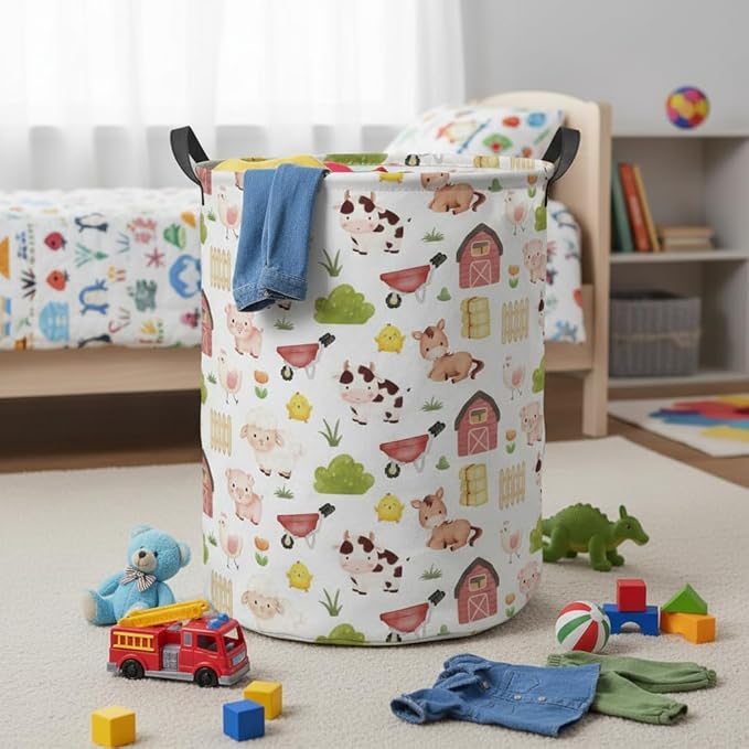 Baby Laundry Hamper kids laundry Basket Waterproof Storage Bin for Bedroom Toy Clothes Organizer Basket Woodland Animals Room D??cor(Cute Farm)