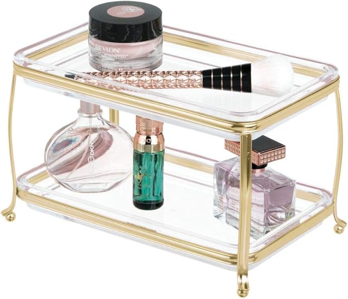 mDesign Decorative Makeup Storage Organizer Vanity Tray for Bathroom Counter Tops, 2 Levels to Hold Makeup Brushes, Eyeshadow Palettes, Lipstick, Perfume and Jewelry - Soft Brass/Clear