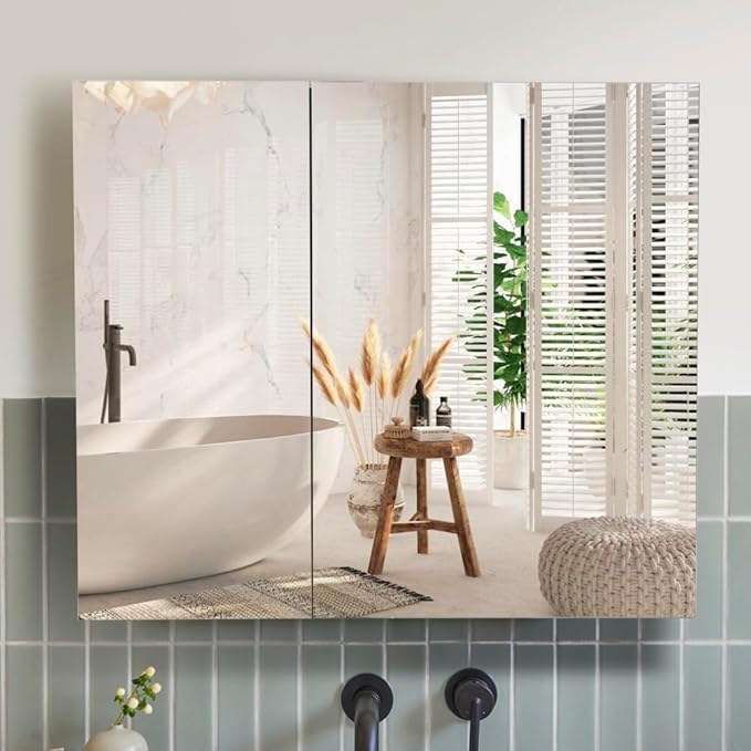 Movo 32 Inch x 28 Inch Mirrored Medicine Cabinet, Frameless Black Medicine Cabinet for Bathroom with Mirror,Surface Mount Bathroom Medicine Cabinet with Storage