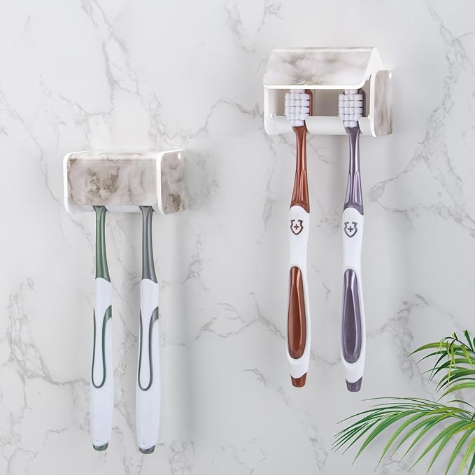 PARKMANI 2 PCS Toothbrush Holders Wall Mounted with Cover, Electric Tooth Brushing Holder for Bathroom, 2 Slots Self Adhesive Toothbrush Organizer, Toothbrush Stand for Family, Kids (2, White Marble)