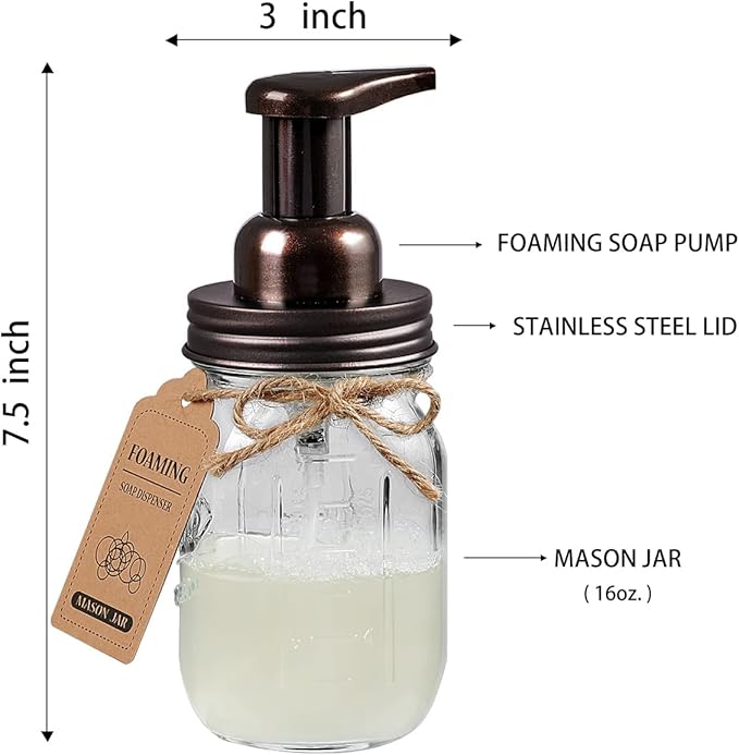 Amolliar Mason Jar Bathroom Accessories Set 4 Pack - Foaming Soap Dispenser&2 Qtip Holders&Toothbrush Holder-Rustic Farmhouse Decor Bathroom Organizer Apothecary Jar Country Countertop (Bronze)