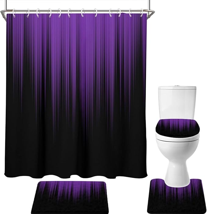 AAtter 4 Piece Purple and Black Shower Curtain Get Naked Ombre Men Gothic Cool 60Wx72L Curtains Decor with Non-Slip Rugs, Toilet Lid Cover and Bath Mat Bathroom Accessories Home Bathtub Set, Modern