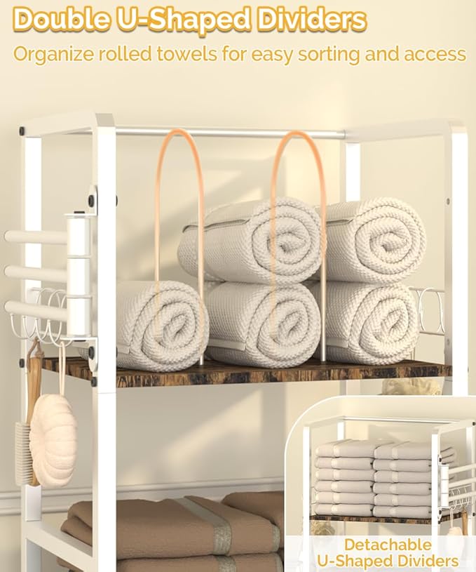 Mondazie Free Standing Towel Racks for Bathroom with 3 Rotating Bars, 3-Tier Floor Towels Holder Stand with Detachable Dividers, Pool Towel Storage Organizer with 8 S-Hooks for Home, Poolside, White