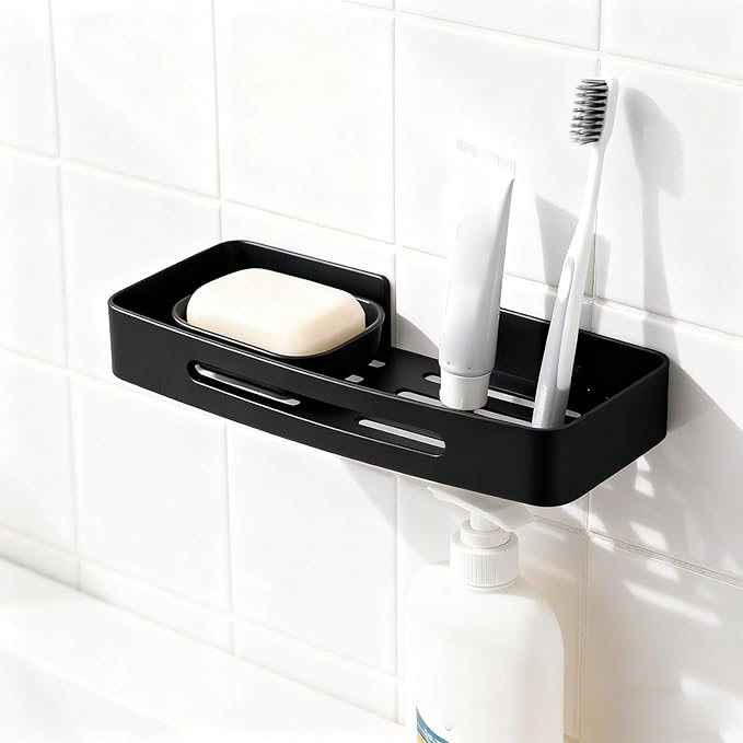 VBESTLIFE Bathroom Shelf, Wall Mounted Stainless Steel Storage Organizer with Drainage Holes for Toiletries (Black Single Layer Rack (No Drill Installation))