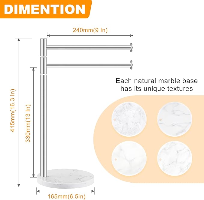 Hand Towel Holder for Bathroom, Stainless Steel Double Hand Towel Holder Stand with Marble Base for Kitchen Countertop, Freestanding Brushed Nickel 360?? Swivel 2 Arms Towel Bar Drying Rack, YOFOVI