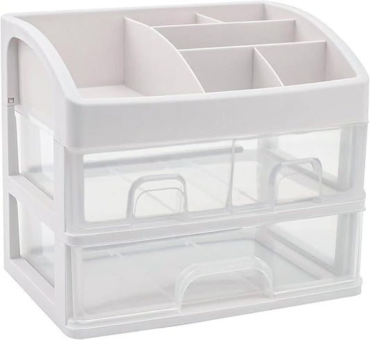Cosmetic Storage Box Cosmetic Display Cabinet Bathroom Dressing Table Organizer with 3 Drawers and 1 Tray Makeup Organizers for Counter (White)
