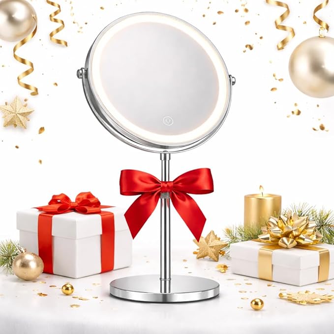 9” Height Adjustable Lighted Makeup Mirror with 10X Magnification - Rechargeable 360° Double Sided Vanity Mirror with 3 Color Modes, Touch Dimmable Brightness for Bathroom & Bedroom - Gift for Women