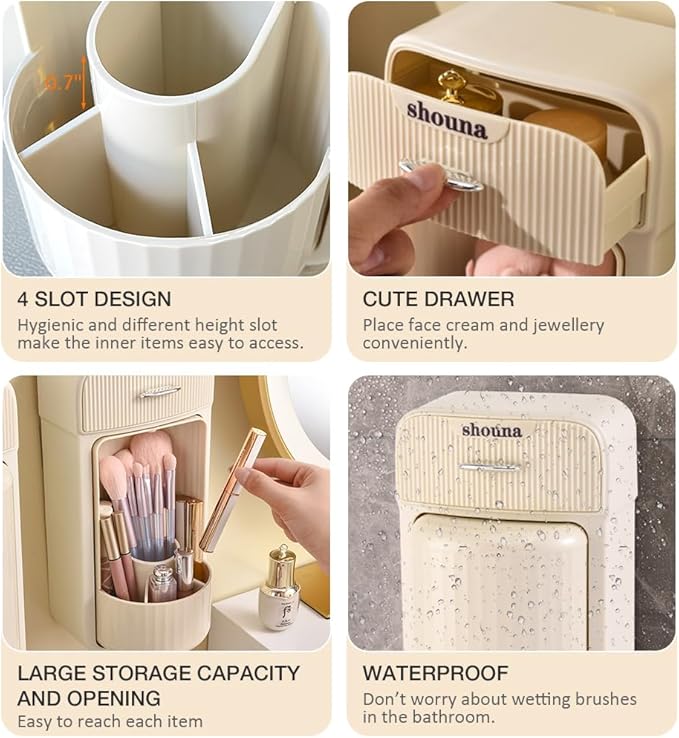 Motomatic Makeup Brush Organizer - Makeup Brush Holder Organizer with 360° Rotating Lid, Wall Mounted Brush Holder Space Saver, 4 Slot Large Storage Capacity Makeup Organizer Waterproof(Cream)