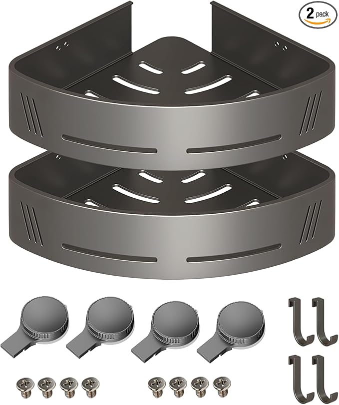 Corner Shower Caddy 2-Pack, Suction Cup Bathroom Shower Organizer with Hooks, No Drilling Rustproof Aluminum Floating Wall Shelf for Inside Shower, Gun Grey (Triangular)