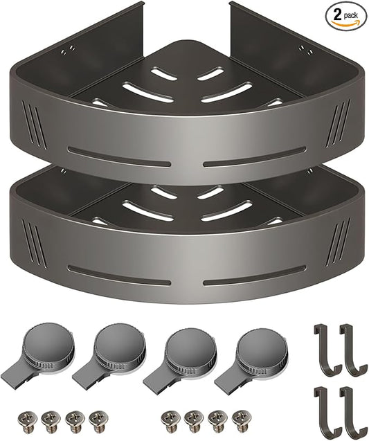Corner Shower Caddy 2-Pack, Suction Cup Bathroom Shower Organizer with Hooks, No Drilling Rustproof Aluminum Floating Wall Shelf for Inside Shower, Gun Grey (Triangular)