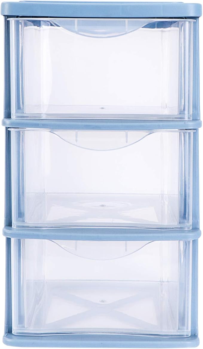 Drawer Storage Cabinet Plastic Makeup Organizer Storage Station Cube with 3 Drawers Cosmetics Jewelry Storage Case Display for Bathroom Vanity Cabinet Countertops Blue Plastic Desk Drawers