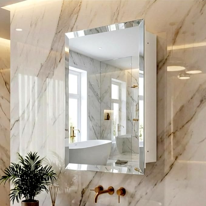 HOUSE REFLECTION Bathroom Medicine Cabinet Mirror – Frameless Beveled Mirror Door, Wall Mounted Bathroom Mirror Cabinet, Recessed or Surface Mount, (12" x 21" Cabinet, 14" x 24" Mirror Door)
