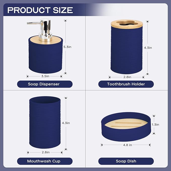 4 Pieces Bamboo Bathroom Accessories Set, Bathroom Accessory Set with Soap Dispenser and Toothbrush Holder, Soap Dish and Toothbrush Cup, Boho Bathroom Décor(Navy Blue)