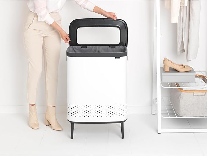 Brabantia Bo Laundry Hamper Hi (White) 2 Compartment Removable Laundry Bag 2 x 12 Gal, Ventilated Stylish Dirty Clothes Holder, Flat Back, Off-the Ground, Anti-Rust Materials for Bathroom Use