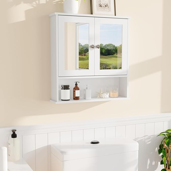 Bathroom Wall Cabinet with Mirrored Doors – Slim Medicine Cabinet with Adjustable Shelf – 2.2x23x5.1 Inch Compact Wall Cabinet for Bathroom, Kitchen, Laundry Room, Entryway