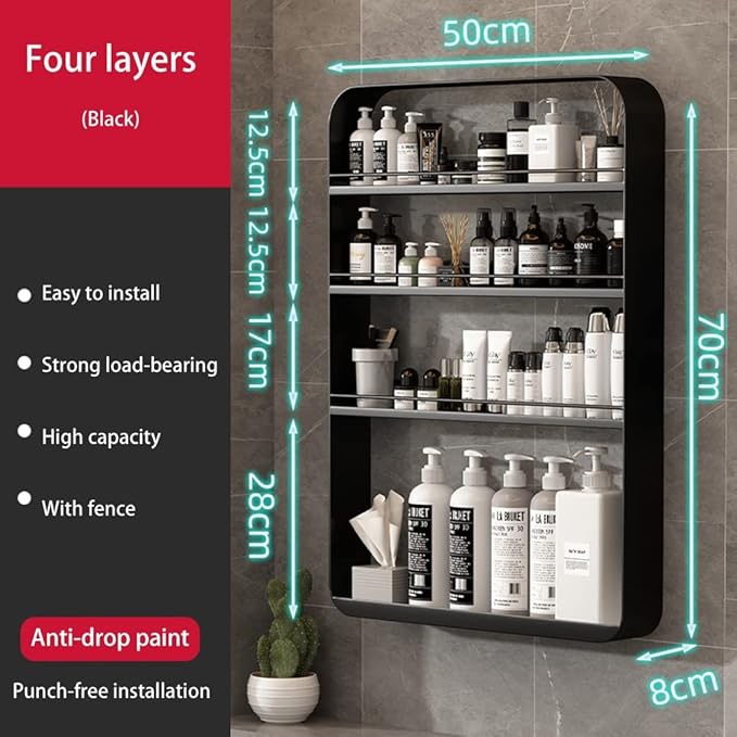 Punch- Bathroom Shelf, Wall-Mounted Makeup Organizer, Cosmetic Storage Rack, Multi-Layer Large Capacity, 10kg Load-Bearing,Black-50 * 70cm