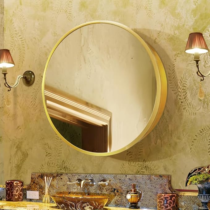 Round Medicine Cabinet,Medicine Cabinet with Mirror,Aluminum Framed,Soft Close Hinge,20inch,Gold