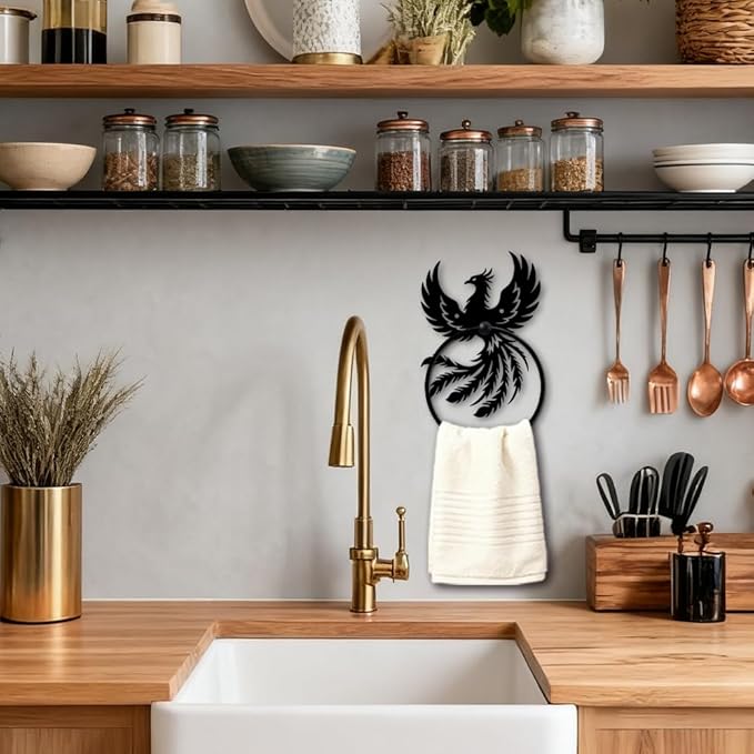 MAYJOYDIY Phoenix Metal Towel Ring Round Animal Hand Towel Holder Ring Hanger Wall Mount Black Vintage Towels Wall Organizer for Kitchen Bath Home Laundry Room Decors Gifts