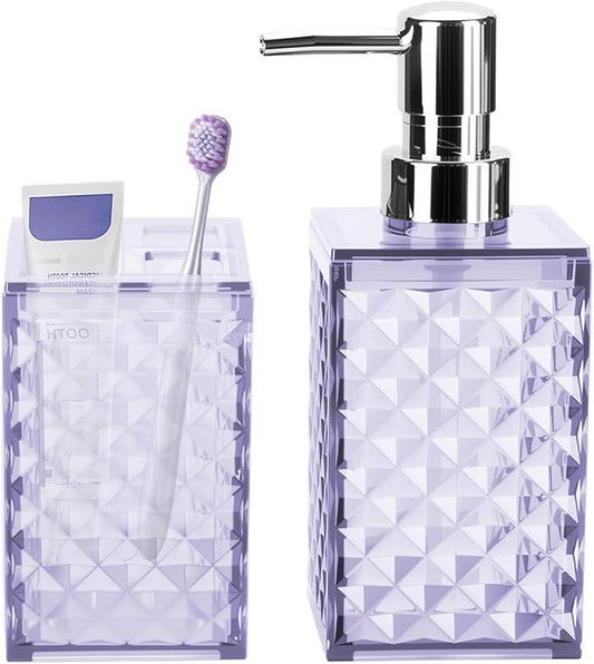 Bathroom Accessories Set 2 PCS, Purple Bathroom Accessories Include Soap Dispenser and Toothbrush Holder, Diamond Pattern Bathroom Set for Boho Bathroom Decor