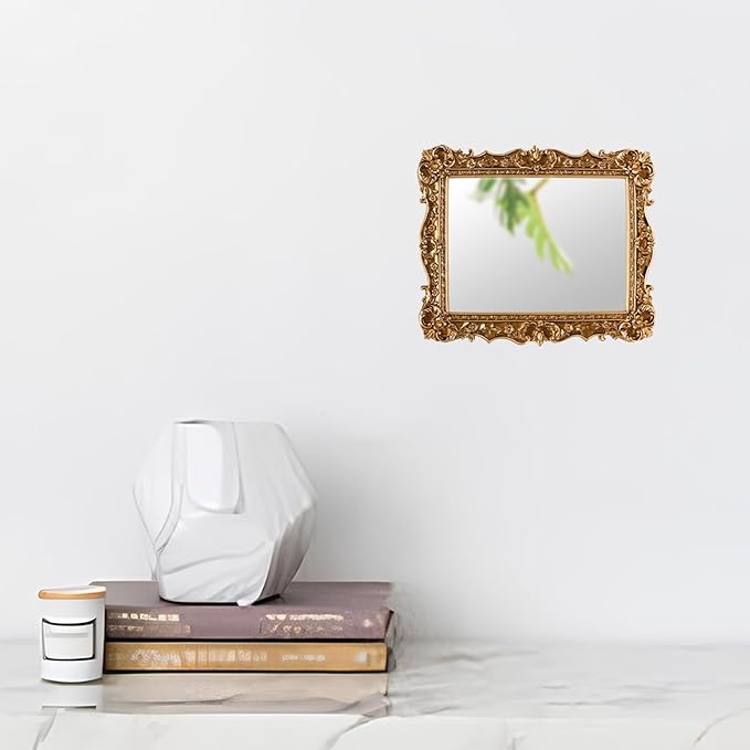 JANDERART Small Vintage Mirror 10x8 Inch, Antique Ornate Decorative Mirror for Desk & Wall, Vanity Mirror for Makeup Wall Decor, Gold