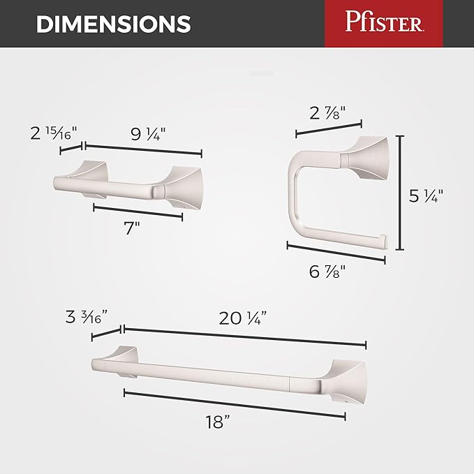 Pfister Bruxie 3-Piece Bathroom Hardware Set with Towel Bar, Towel Ring, and Toilet Paper Holder, Wall-Mounted, Spot Defense Brushed Nickel Finish, BTBBIE3GS