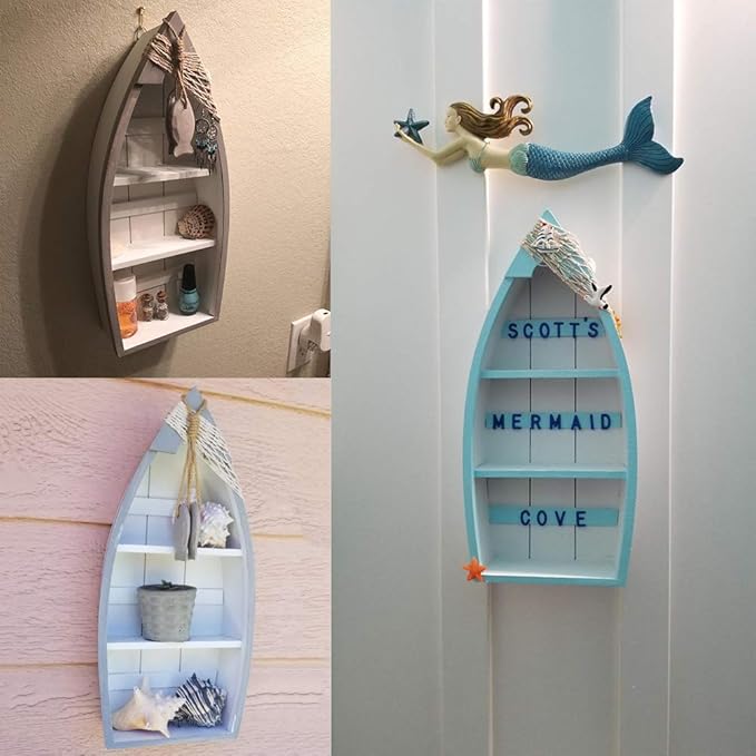 Wooden Sailboat Shelf Small Nautical Sail Boat Decor Coastal Beach Themed Ornaments for Home Bathroom Room Bedroom (C)