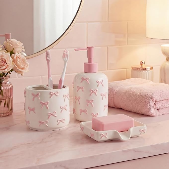 White Bow Ceramic Bathroom Accessories Set 3 Pcs for Countertop, Soap Dispenser, Toothbrush Holder, Soap Holder, Bathroom Sink Decor for Modern Home Decor