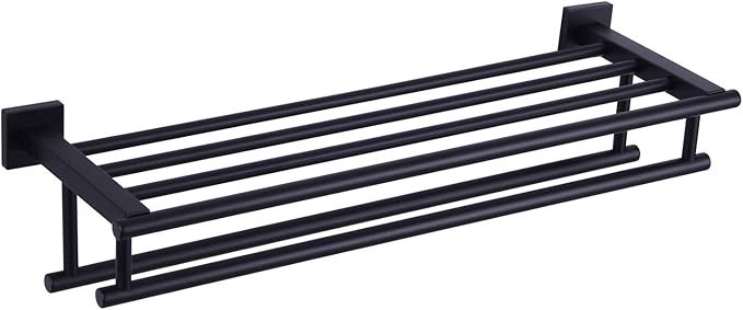 Bathroom Towel Shelf with Bar, Angle Simple Stainless Steel Bath Towel Rack, Double Towel Holder with Shelf, Wall Mount Train Rack Matte Black 23.62 Inches