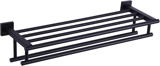 Bathroom Towel Shelf with Bar, Angle Simple Stainless Steel Bath Towel Rack, Double Towel Holder with Shelf, Wall Mount Train Rack Matte Black 23.62 Inches