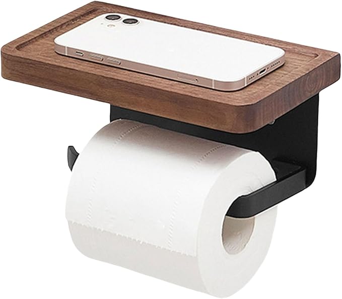 Walnut Bathroom Shelf Stainless Steel Holder Wall Mount Phone Storage Home Decoration