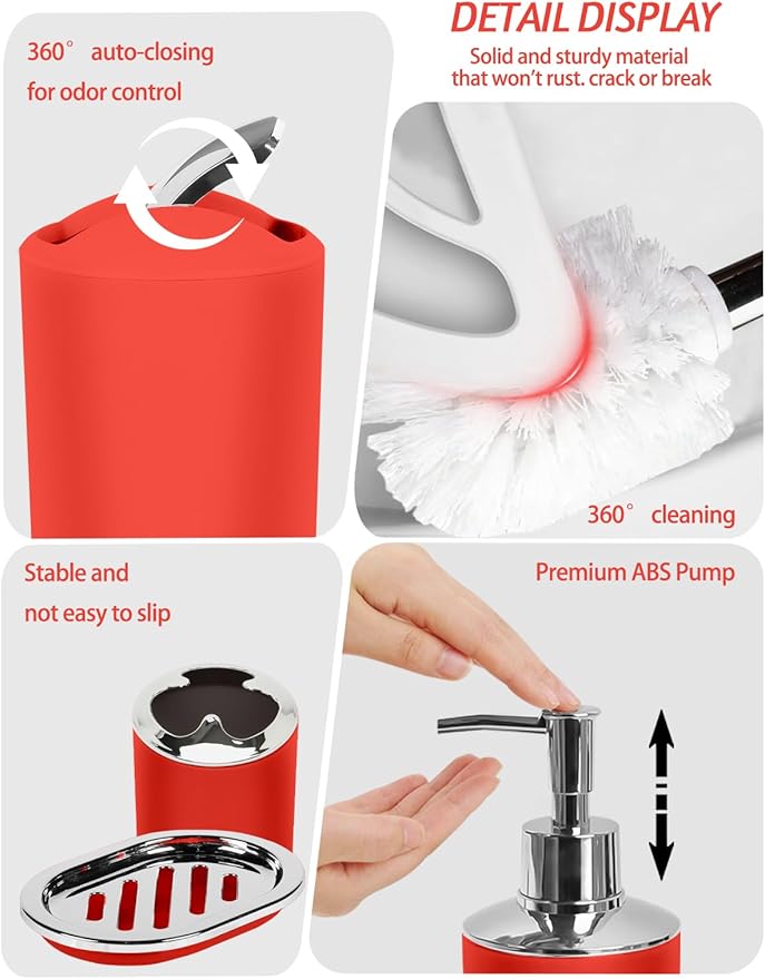 Lnond Red Bathroom Set, 22-Piece Red Geometry Bathroom Decor Set with with Shower Curtain and Rugs, Trash Can, Toilet Brush Holder Set & Soap Dispenser