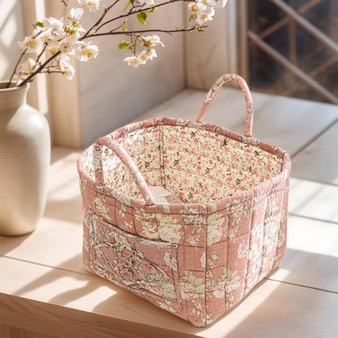 Quilted Fabric Storage Basket Boho Floral Laundry Hamper with Handle Foldable Floral Basket Organizer for Car Bedroom