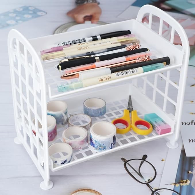 Desktop Rack Cosmetic Stationery Storage Holder, 2-Tier Multifunctional Plastic Shelf Makeup Organizer for Skincare Office Kitchen Bedroom Bathroom Home (White)