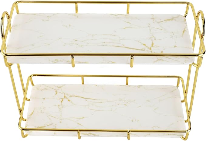 Gold Bathroom Shelf Elegant Gold & White 2 Tier Bathroom Storage Rack - Makeup Shelf with Humanized Design - Anti-Slip Counter Organizer - Sturdy Iron Construction for (Small Size)