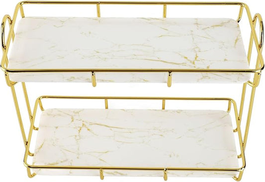 Gold Bathroom Shelf Elegant Gold & White 2 Tier Bathroom Storage Rack - Makeup Shelf with Humanized Design - Anti-Slip Counter Organizer - Sturdy Iron Construction for (Small Size)