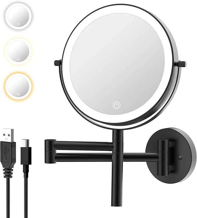 8" Wall Mounted Makeup Mirror with Handle, 3 Color Lights Dimmable and 1X/10X Magnification, Rechargeable Bathroom Wall Mount Magnifying Mirror with Extension Arm Height Adjustable Black